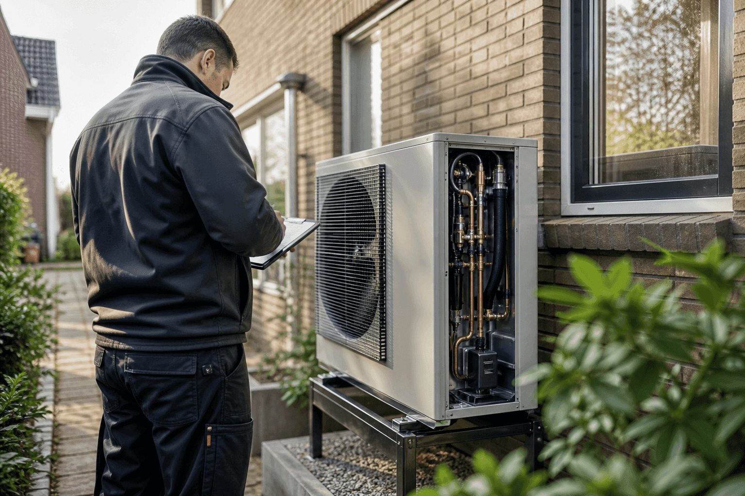 Technicus tijdens AWK-keuring van een warmtepomp